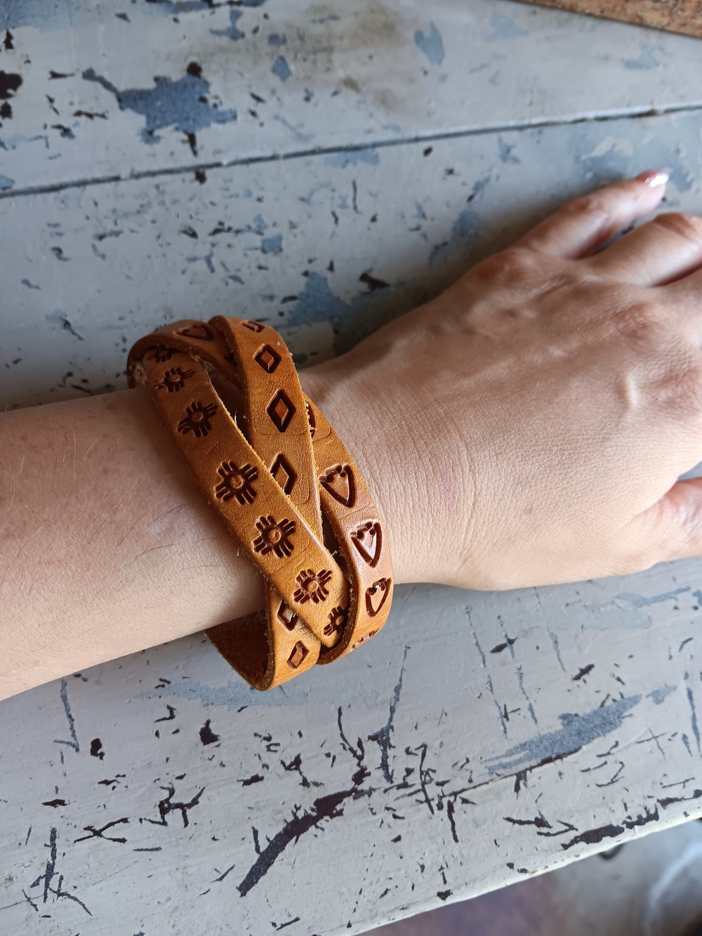 Tan Leather Wrap Bracelet with Embossed Geometric Accents